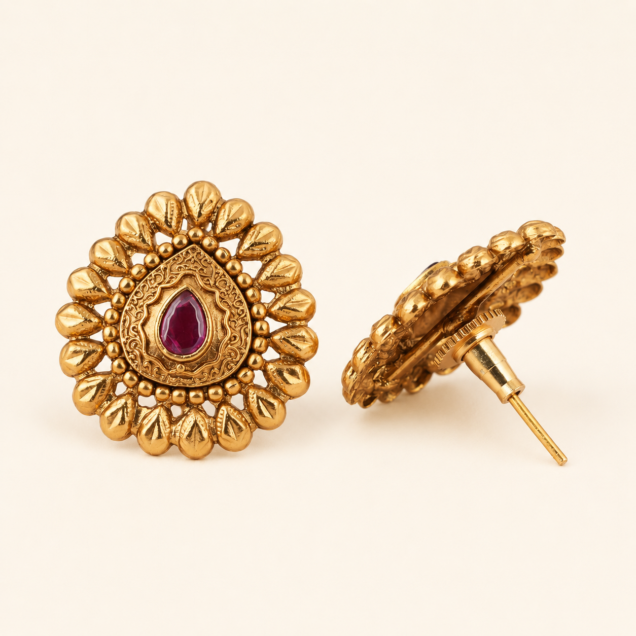 Antique Gold Plated Ruby Stone Stud Earring