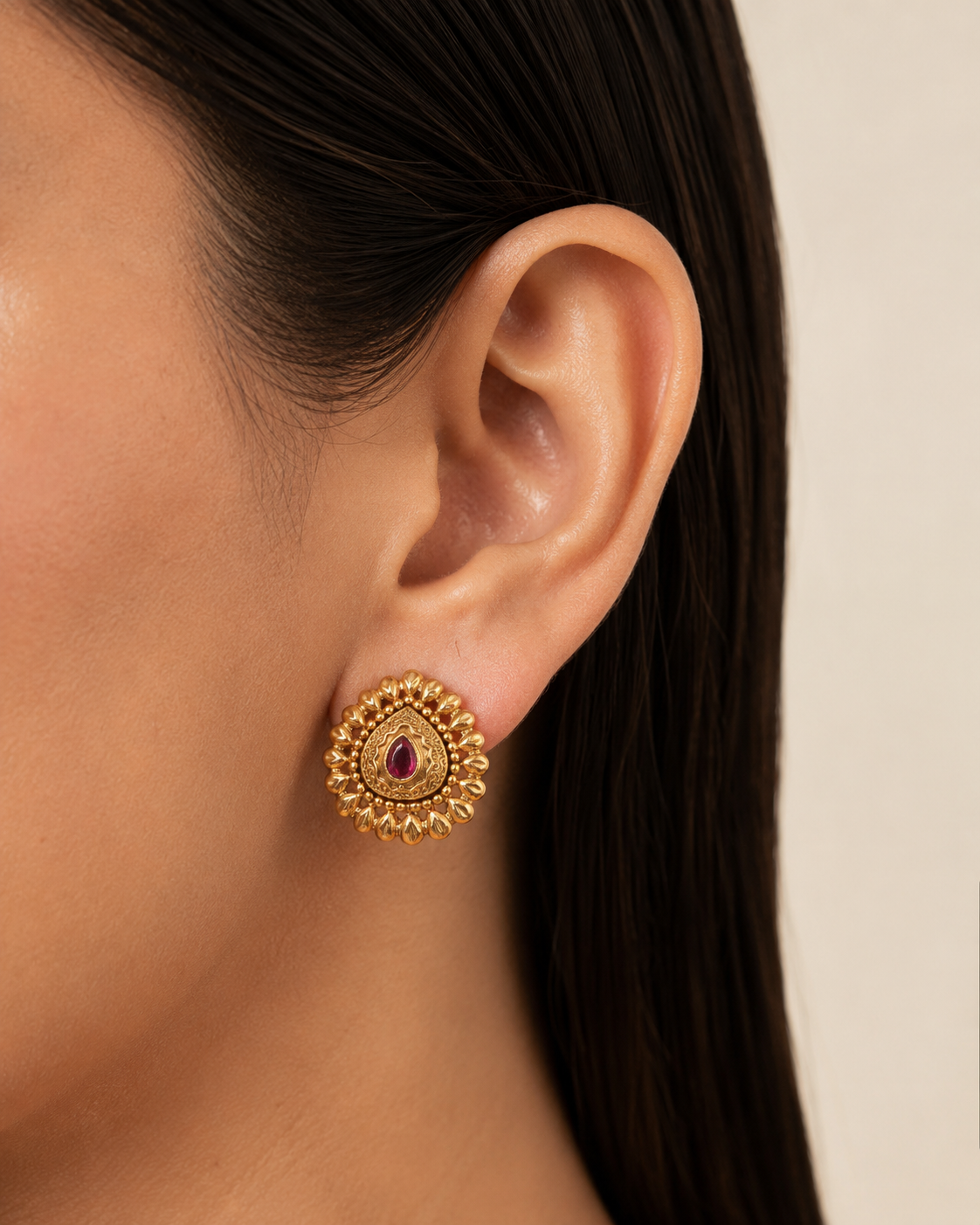 Antique Gold Plated Ruby Stone Stud Earring