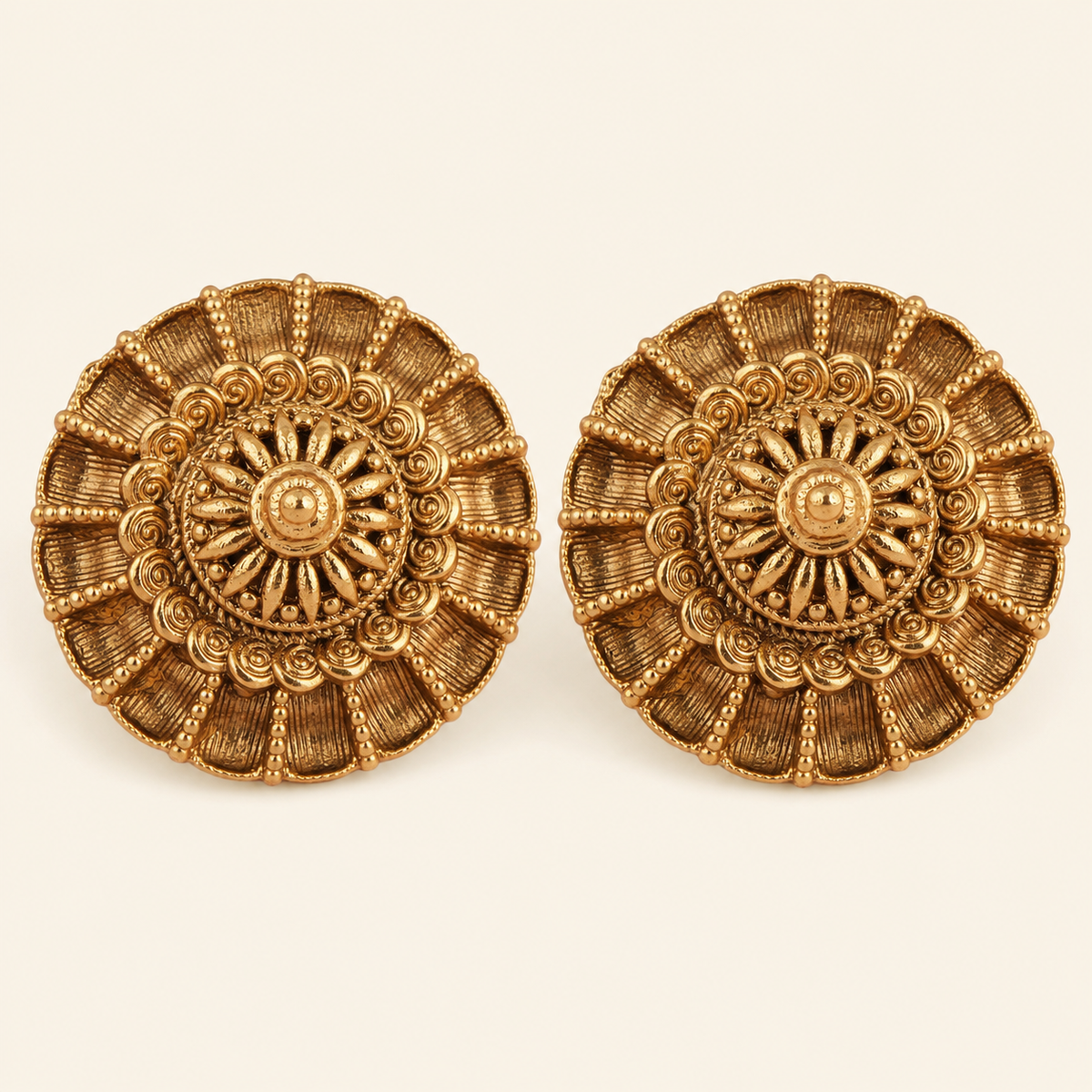 Antique Gold Round Floral Stud Earring