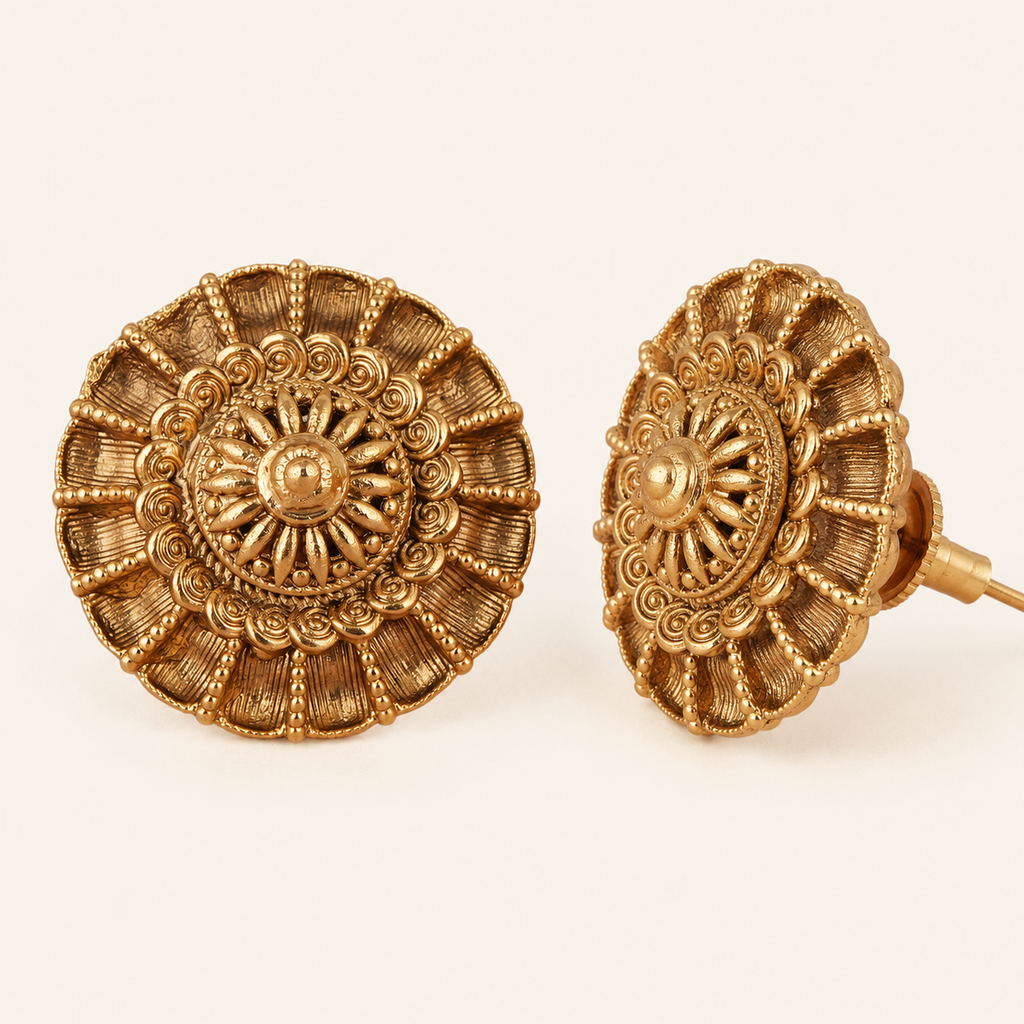 Antique Gold Round Floral Stud Earring
