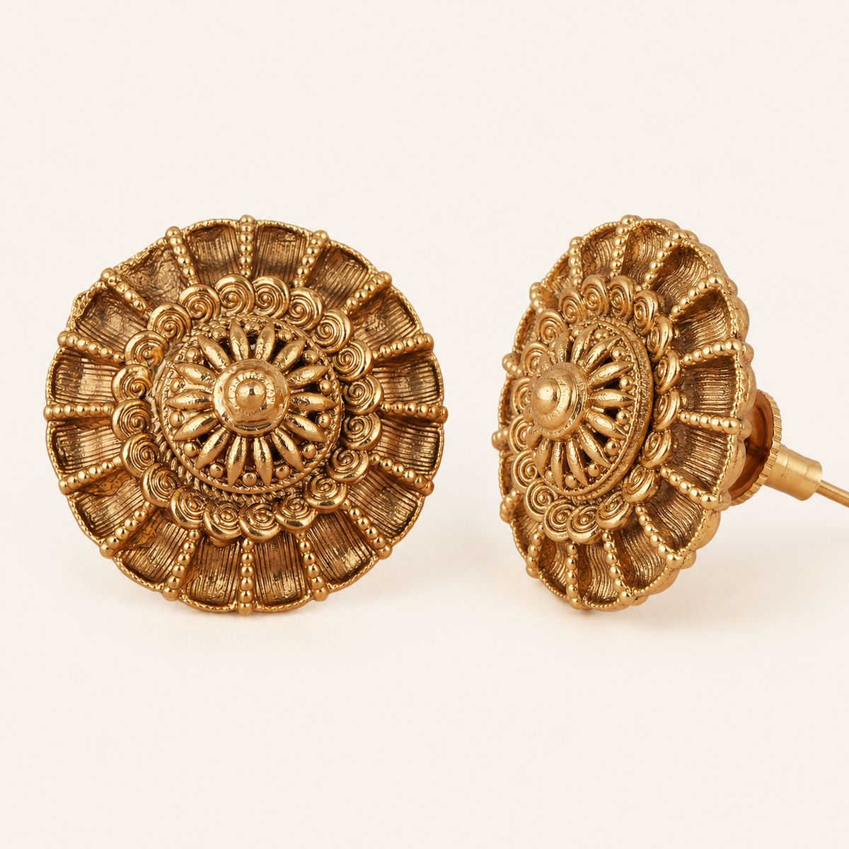 Antique Gold Round Floral Stud Earring