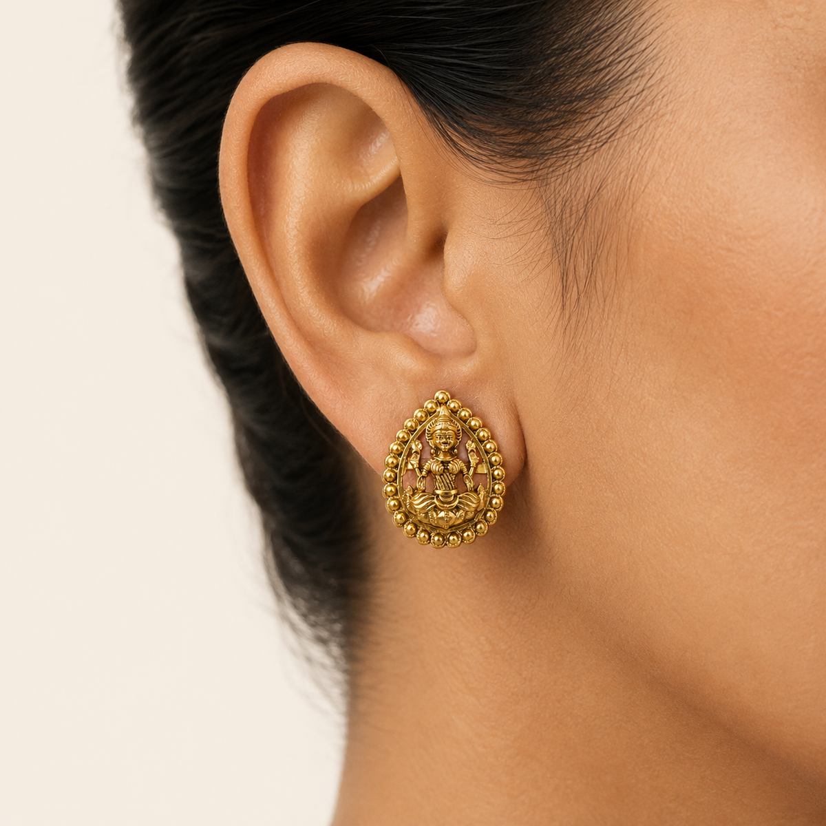 Antique Gold Small Lakshmi Stud Earring I Temple Jewellery
