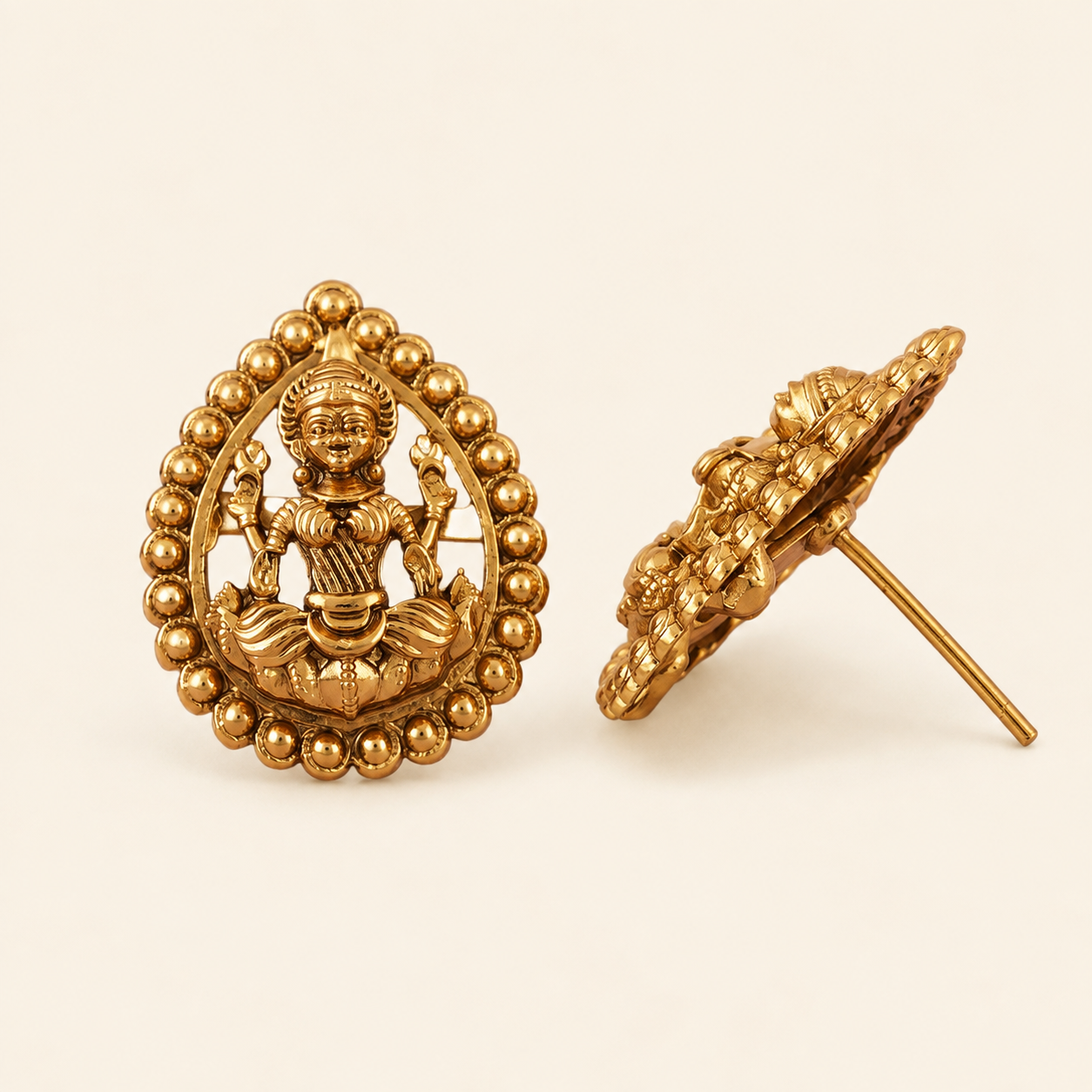 Antique Gold Small Lakshmi Stud Earring I Temple Jewellery