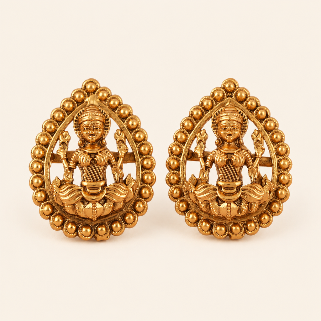 Antique Gold Small Lakshmi Stud Earring I Temple Jewellery