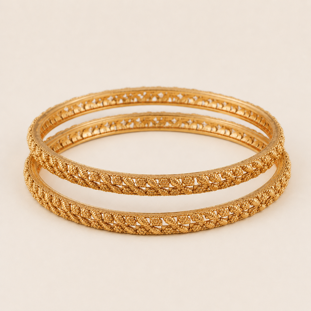 Gold Plated Leaf Plain Bangle Set