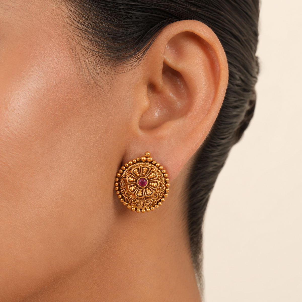 Antique Gold Ruby Stud Earring