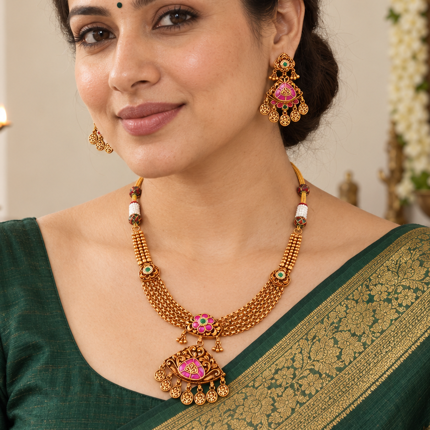 Stunning traditional antique gold ruby stone necklace set