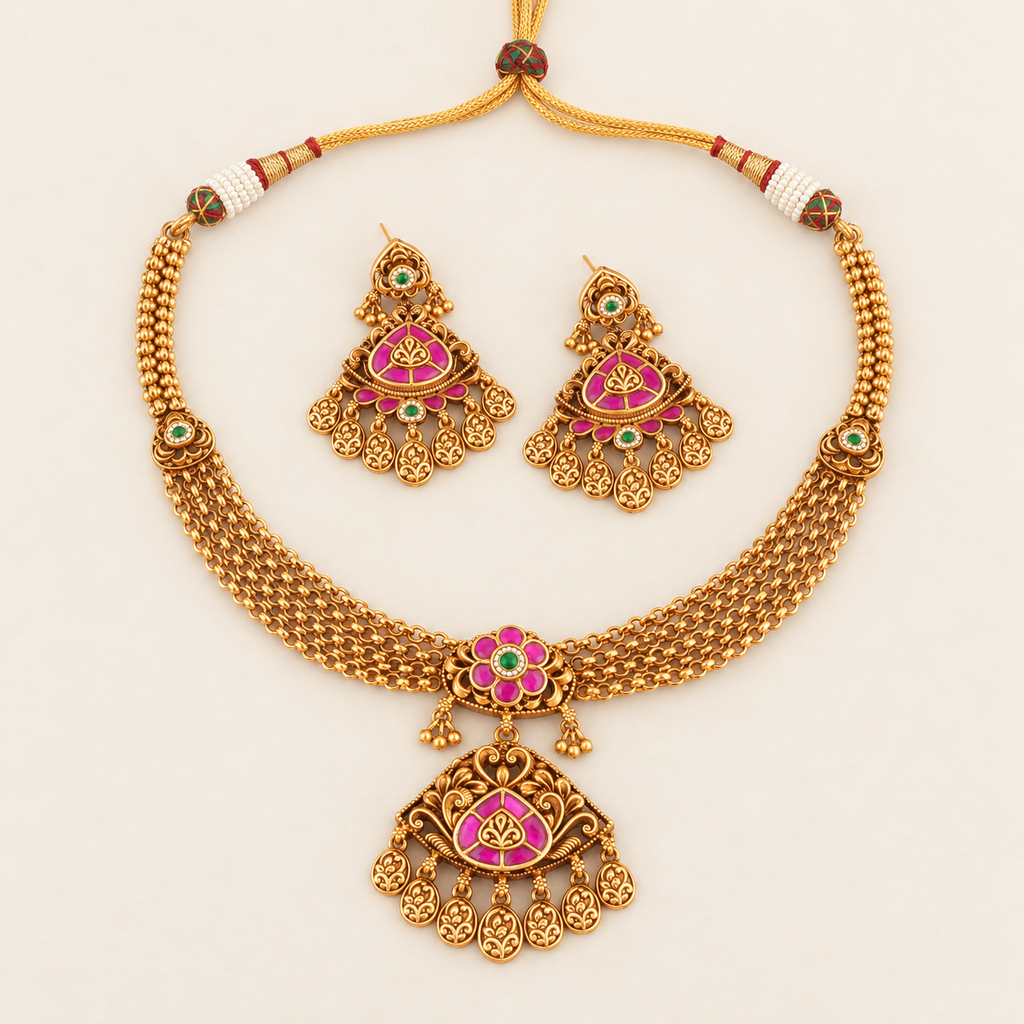 Stunning traditional antique gold ruby stone necklace set