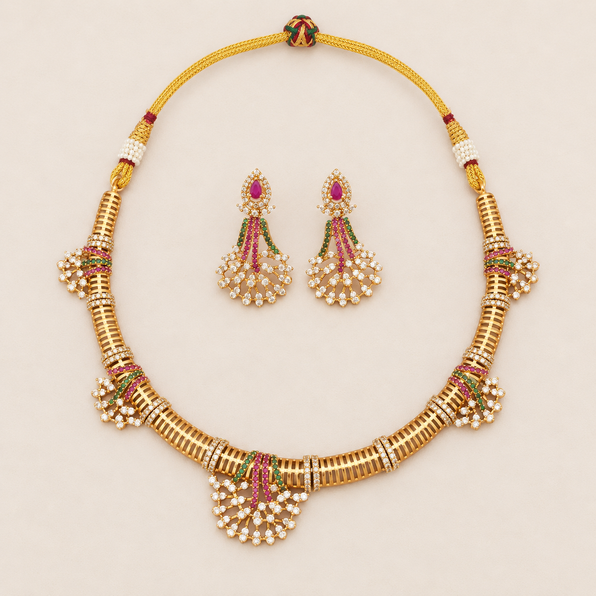 Stunning diamond multicolor gold necklace set