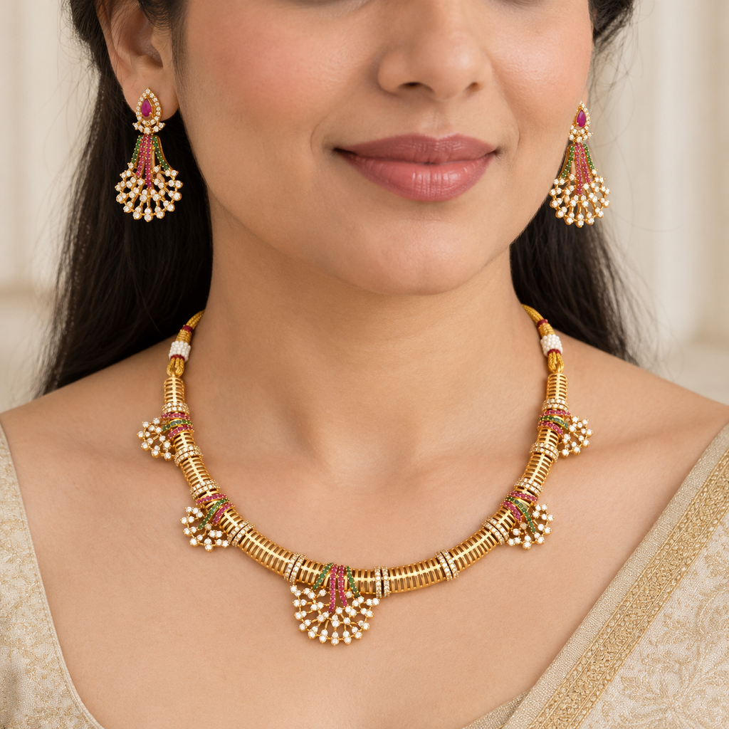 Stunning diamond multicolor gold necklace set
