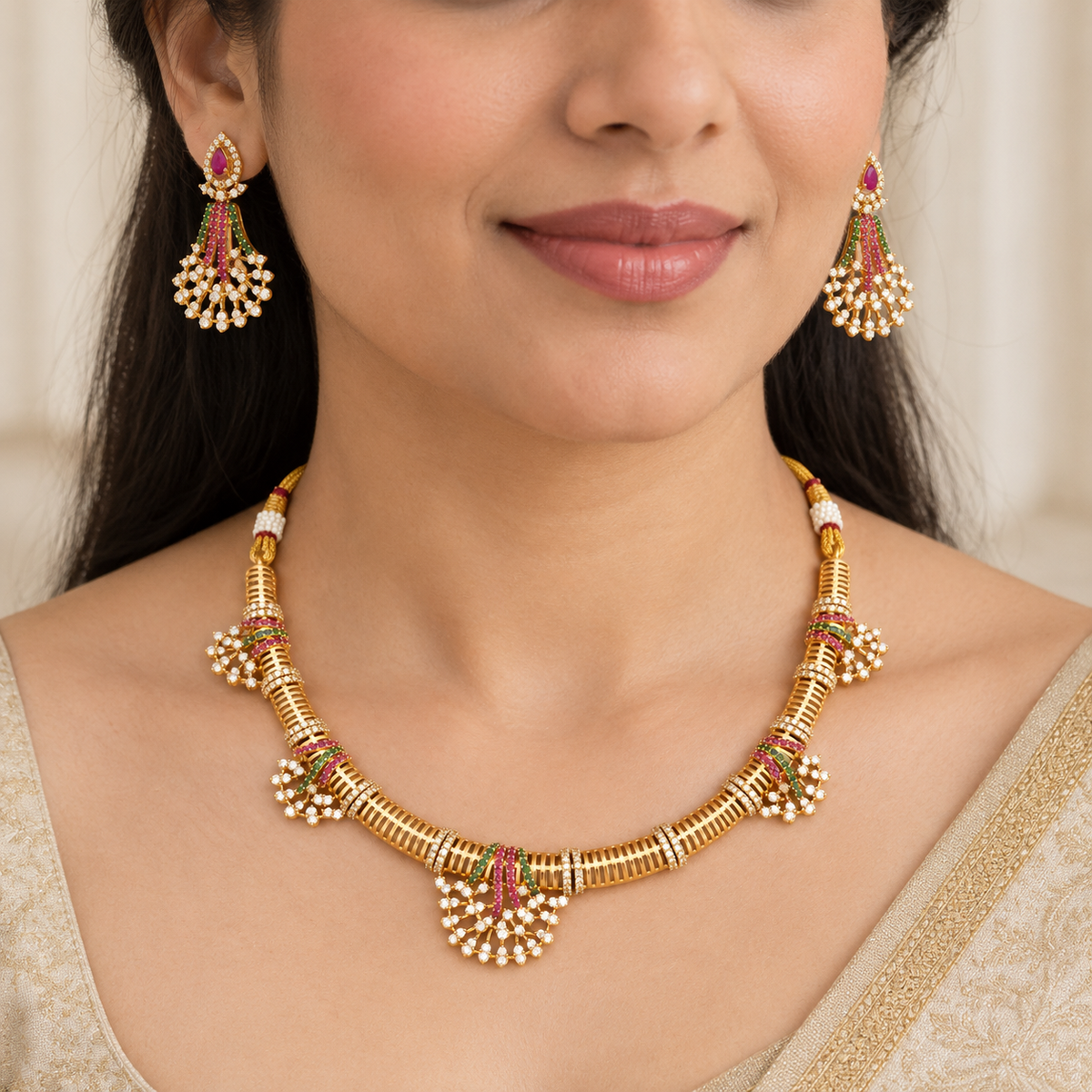 Stunning diamond multicolor gold necklace set
