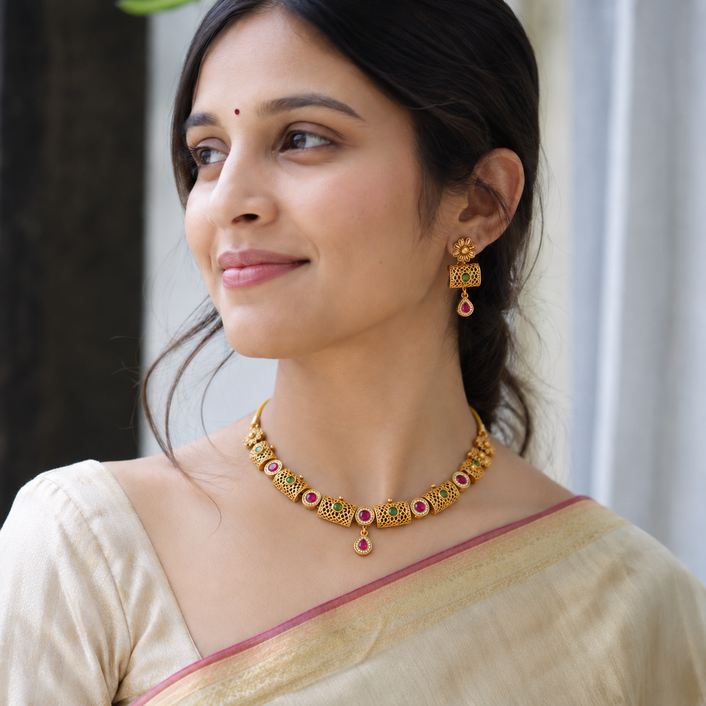 Sleek gold stone necklace set