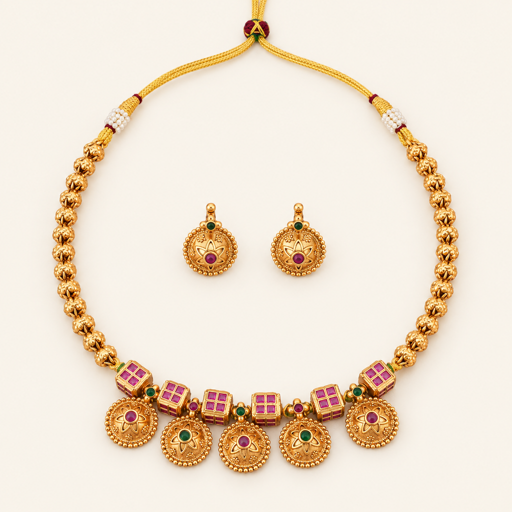 Antique Gold Ruby Embedded Necklace Set