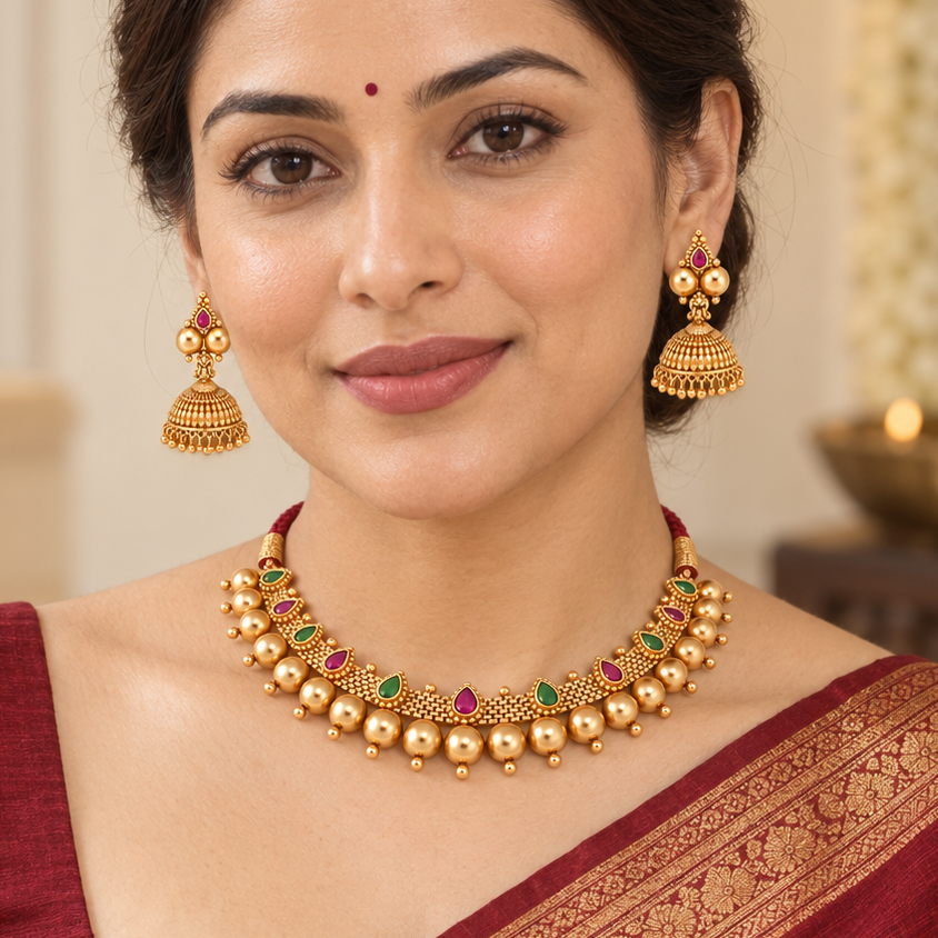 Gold Plated Stone Ball Necklace Set