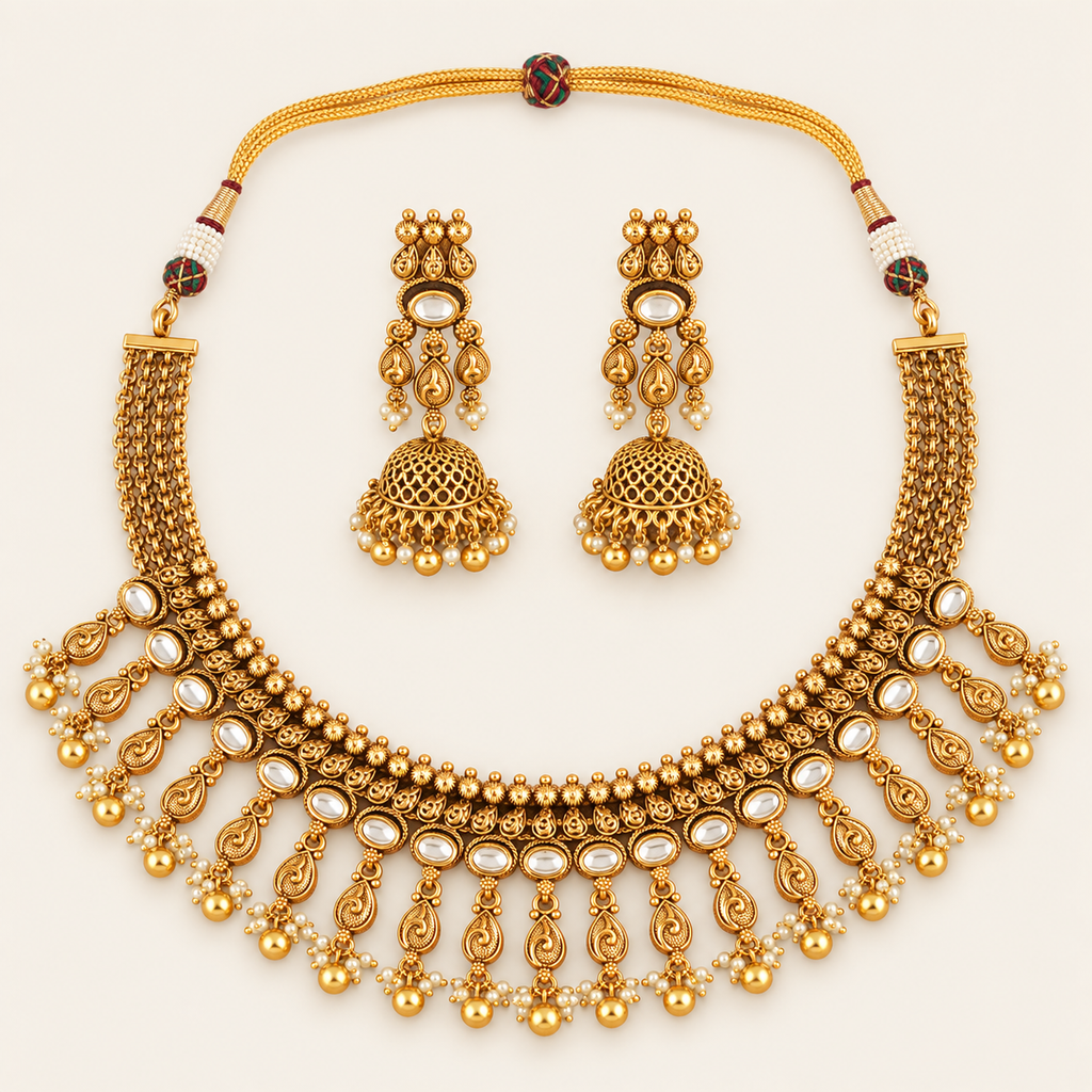 Antique Gold Kundan Layered Choker Necklace Set