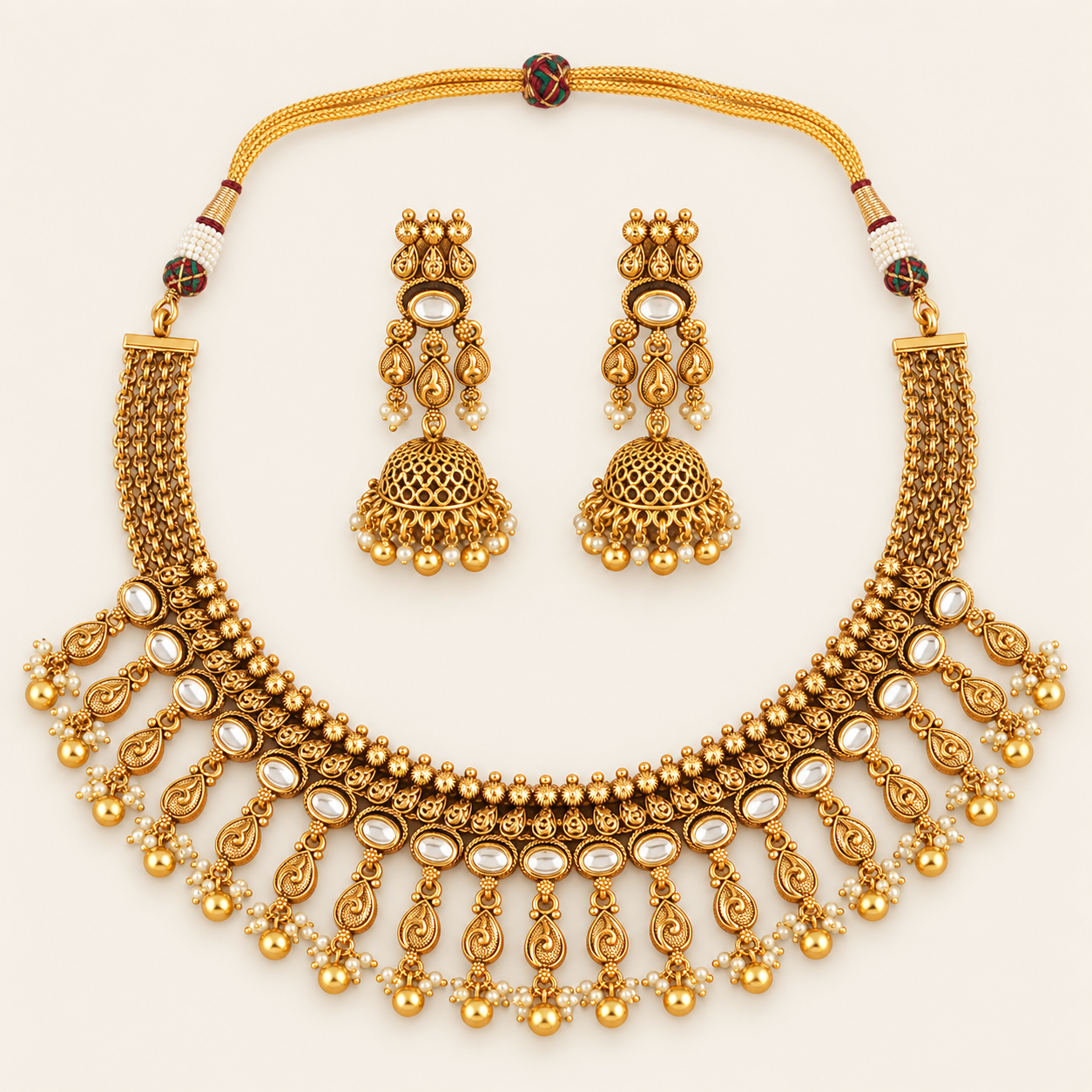 Antique Gold Kundan Layered Choker Necklace Set