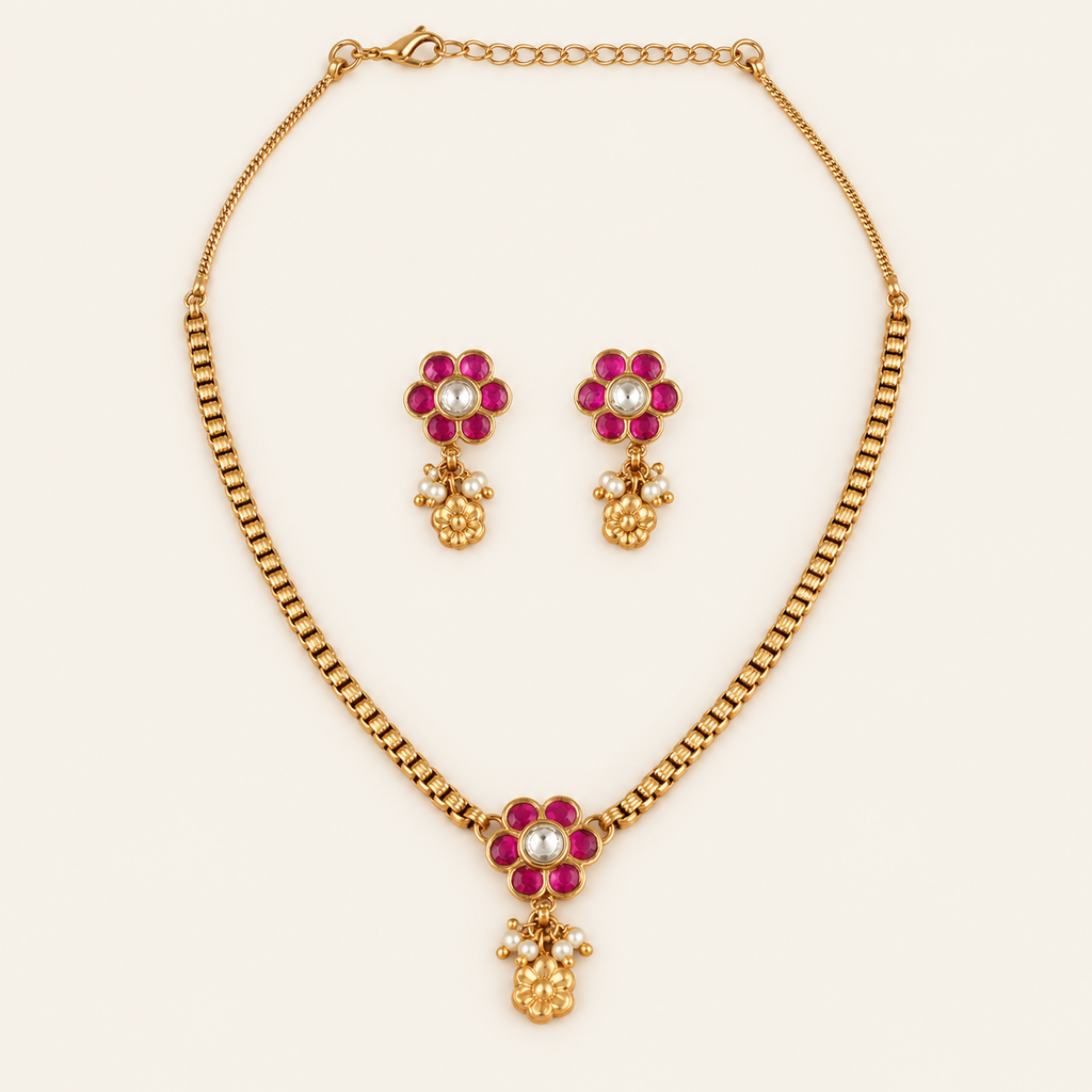 Antique Gold Floral Stone Pendant Necklace Set
