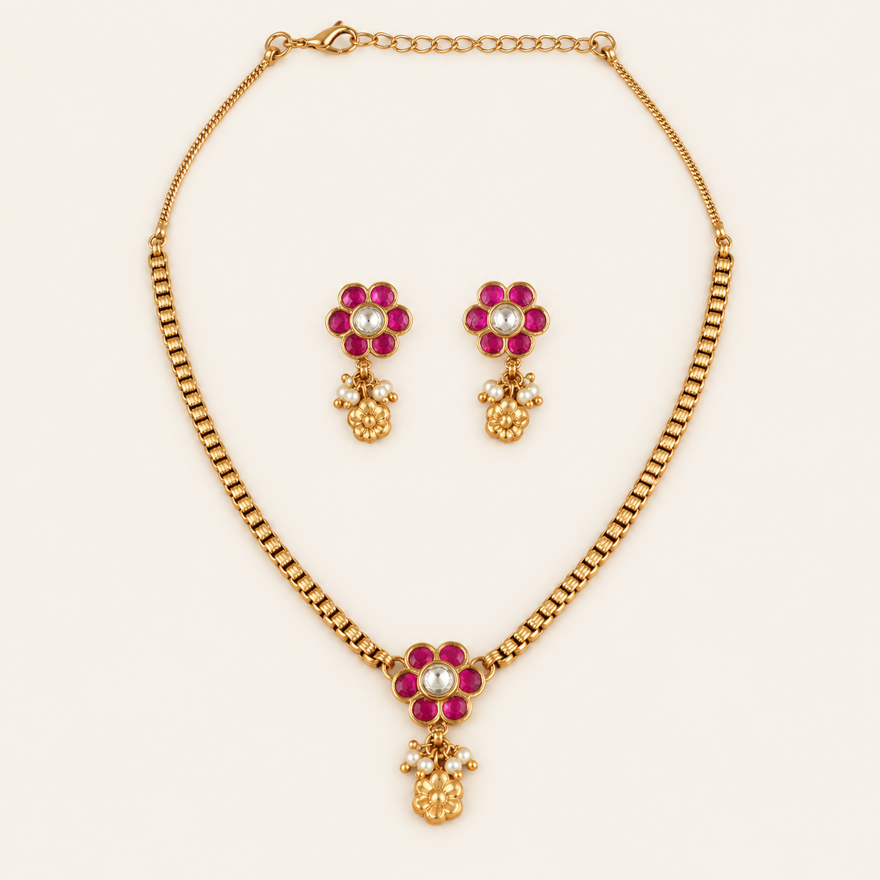 Antique Gold Floral Stone Pendant Necklace Set