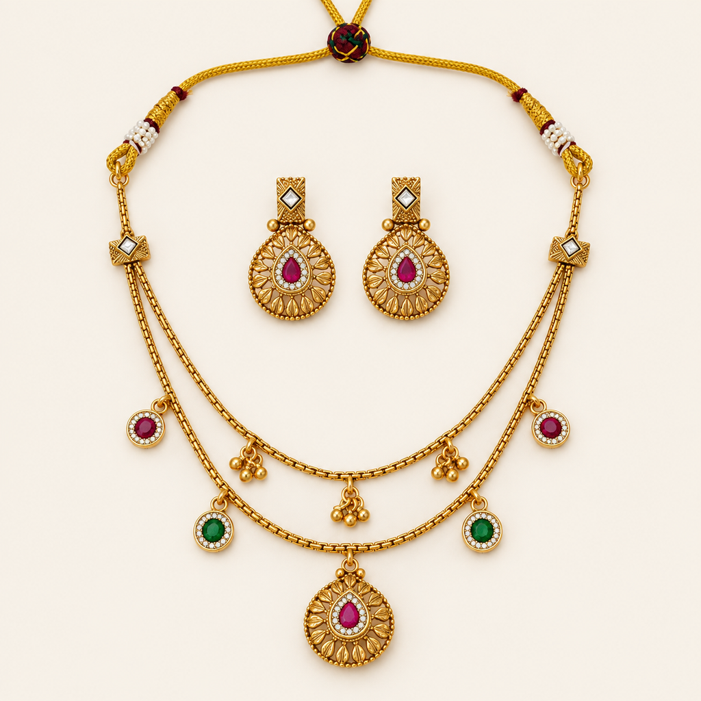 Gold Plated Long Layer Stone Necklace Set