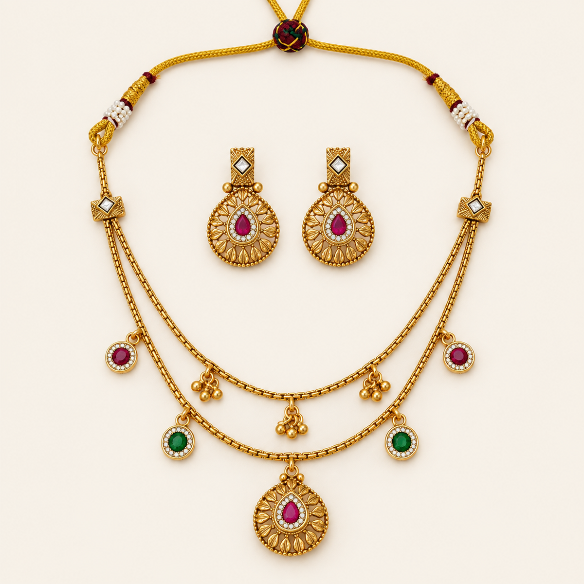 Gold Plated Long Layer Stone Necklace Set
