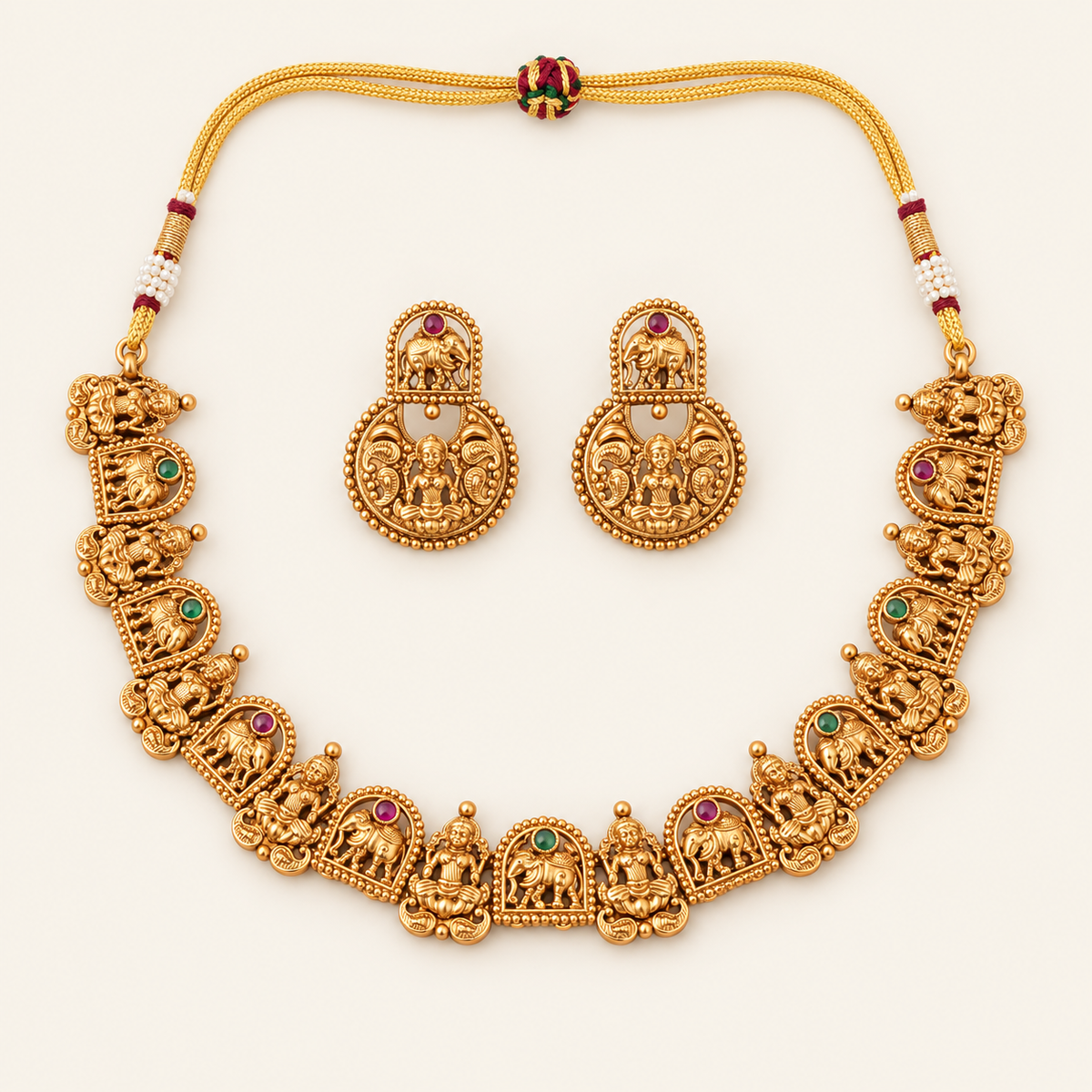Antique Gold Multicolor Plain Ma Lakshmi Necklace Set I Temple Jewelry