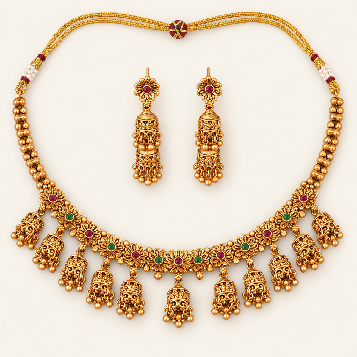 Antique Gold Stone Choker Necklace Set With Earring