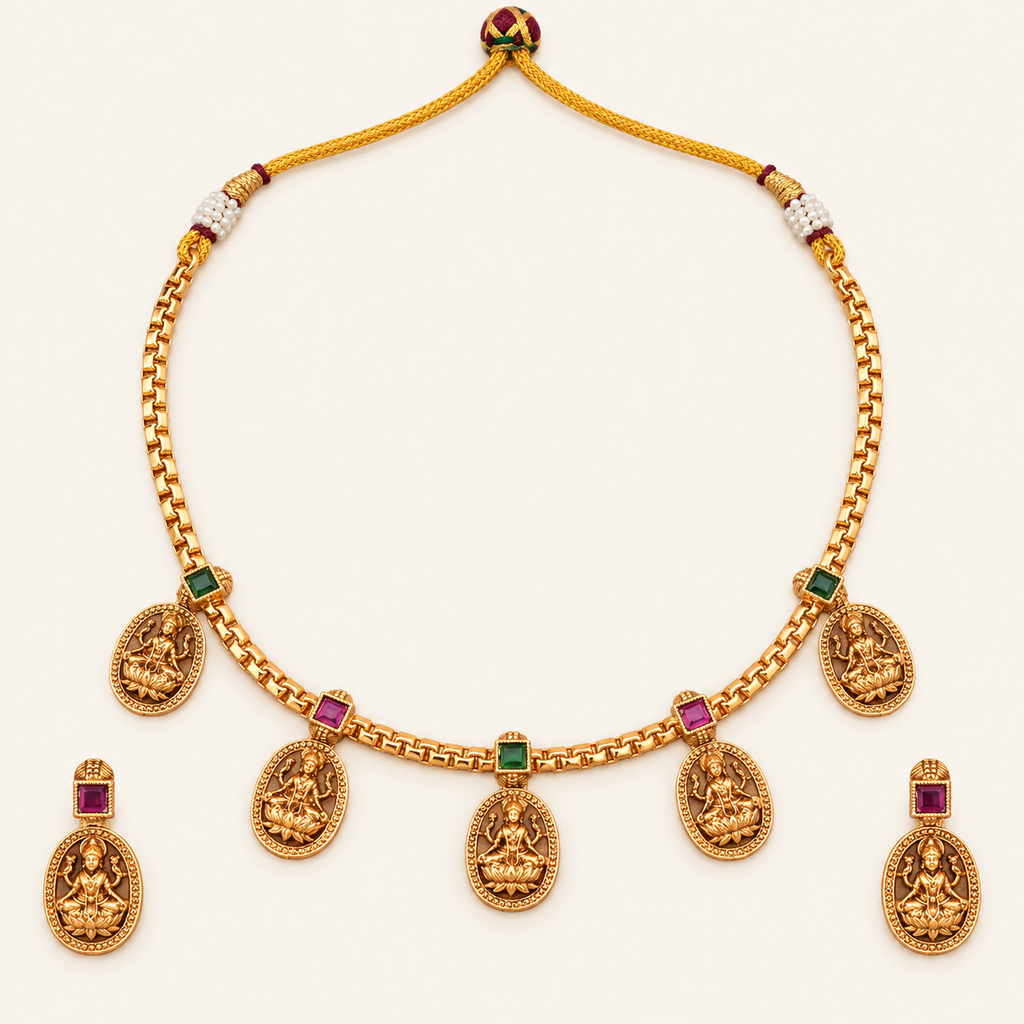 Antique Gold Maa Lakshmi Multicolor Stone Neckalce Set I Temple Jewellery