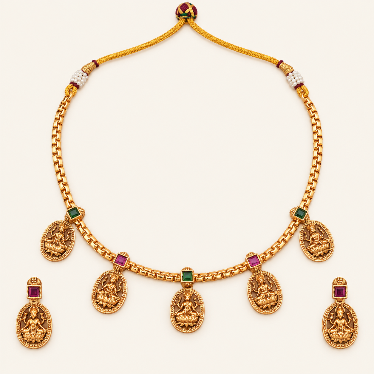 Antique Gold Maa Lakshmi Multicolor Stone Neckalce Set I Temple Jewellery