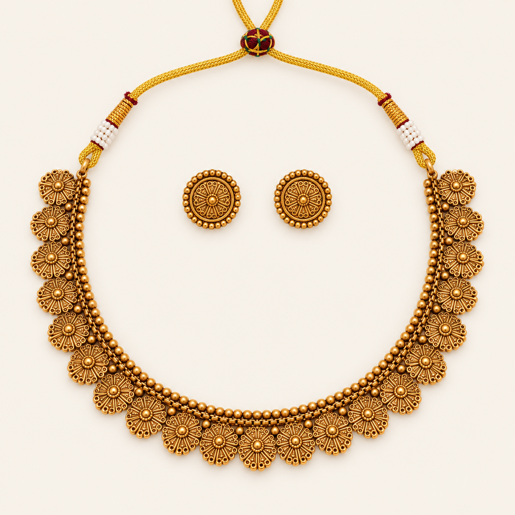 Antique Gold Floral Plain Necklace Set