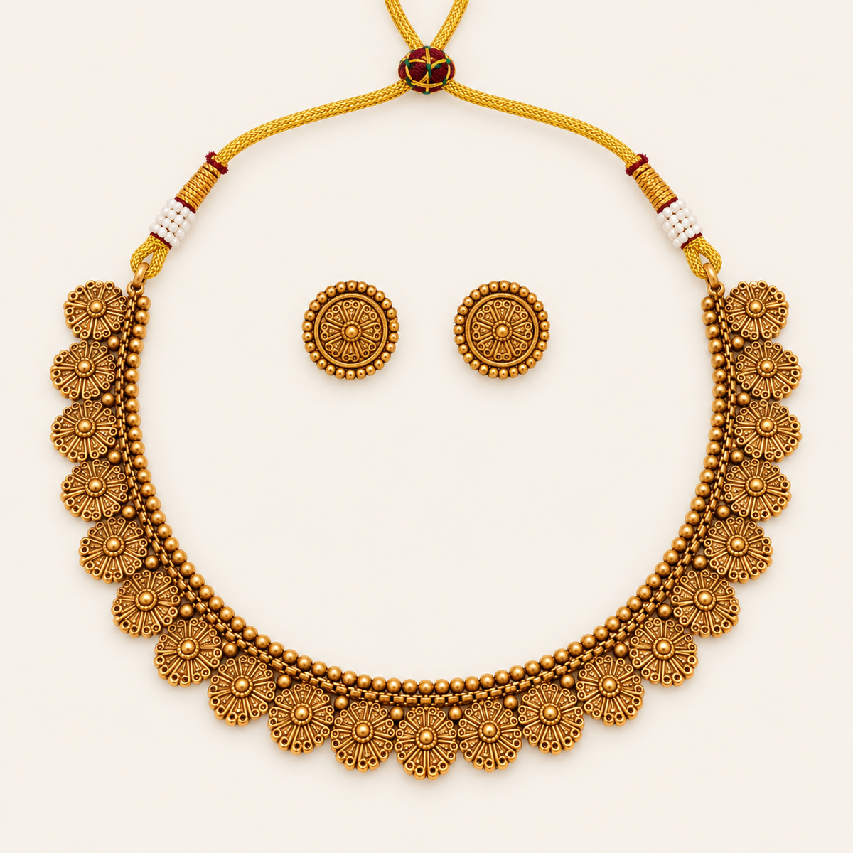 Antique Gold Floral Plain Necklace Set