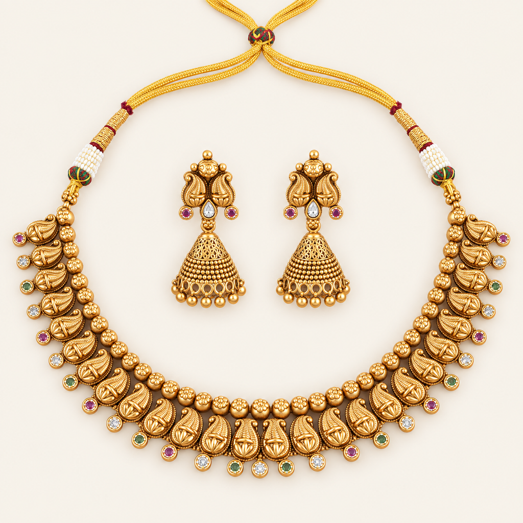 Antique Gold Paisley Stone Necklace Set