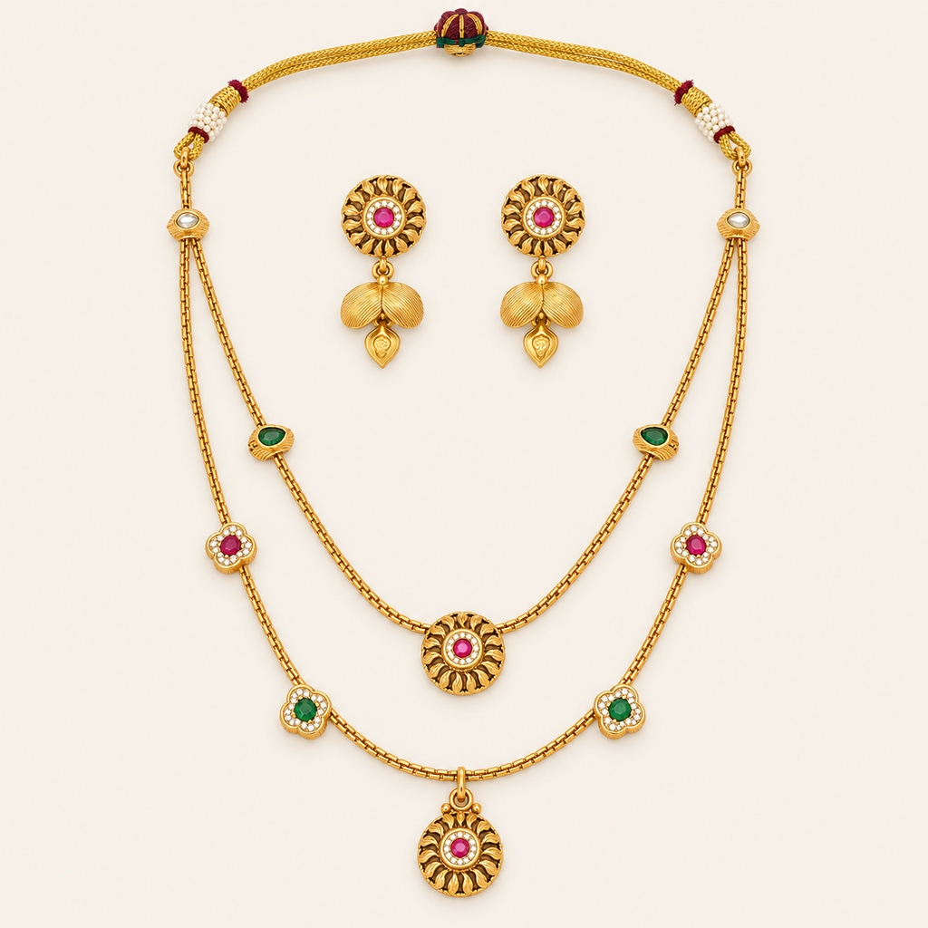 Antique Gold Multicolor Stone Layer Necklace Set