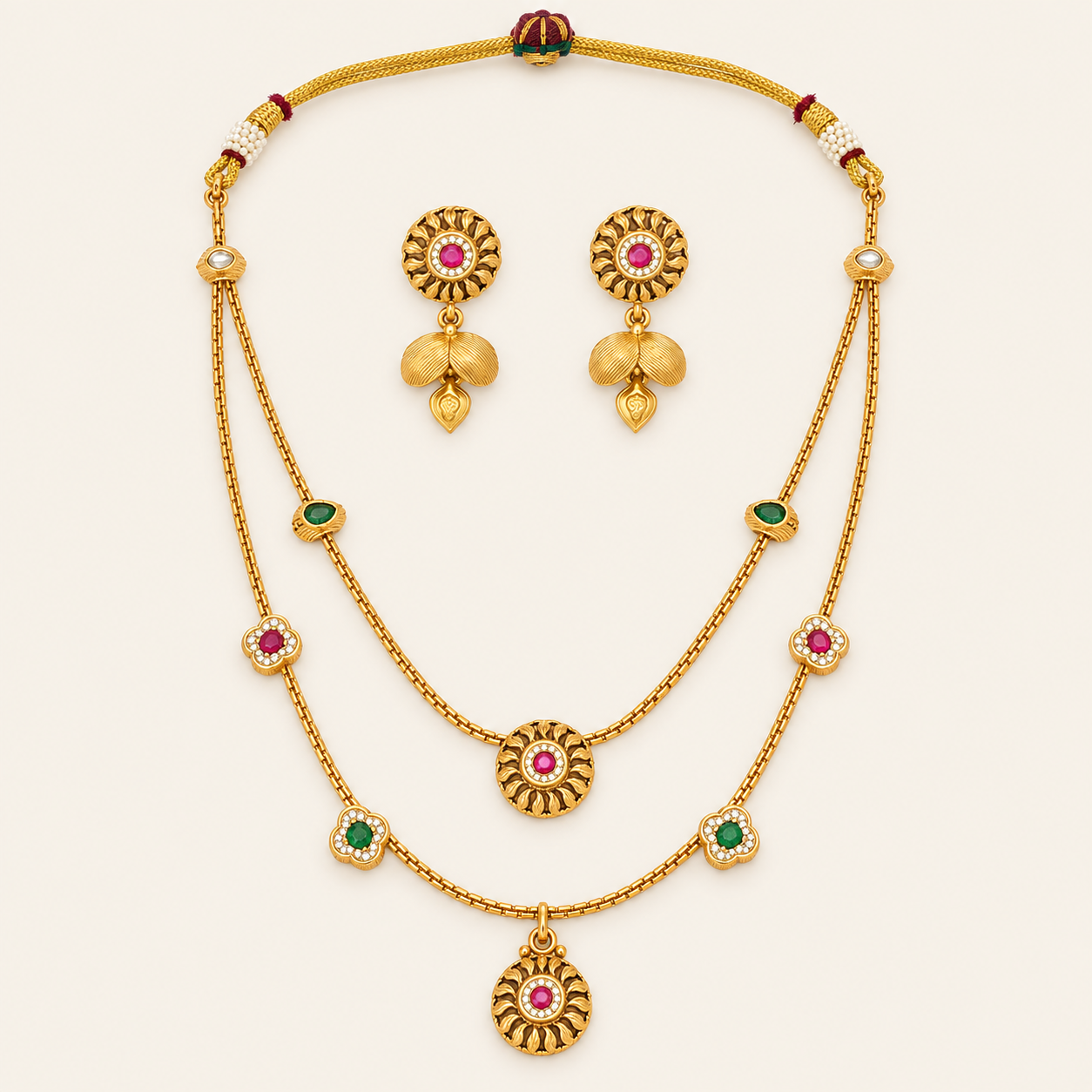Antique Gold Multicolor Stone Layer Necklace Set