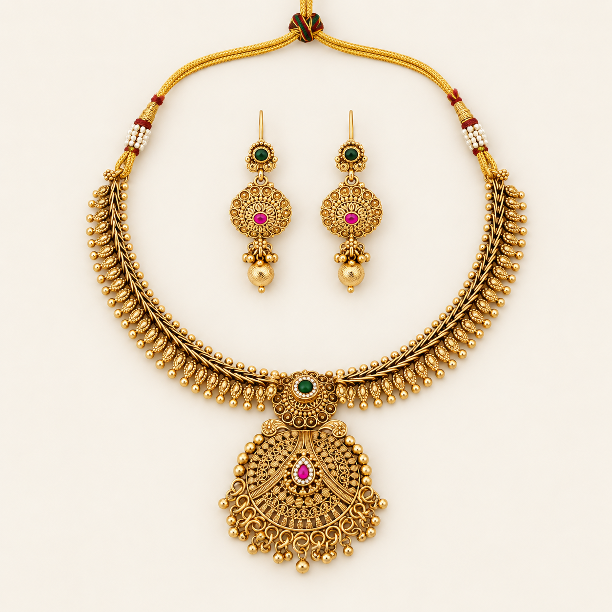 Gold Plated Stone Necklace Set With Earring