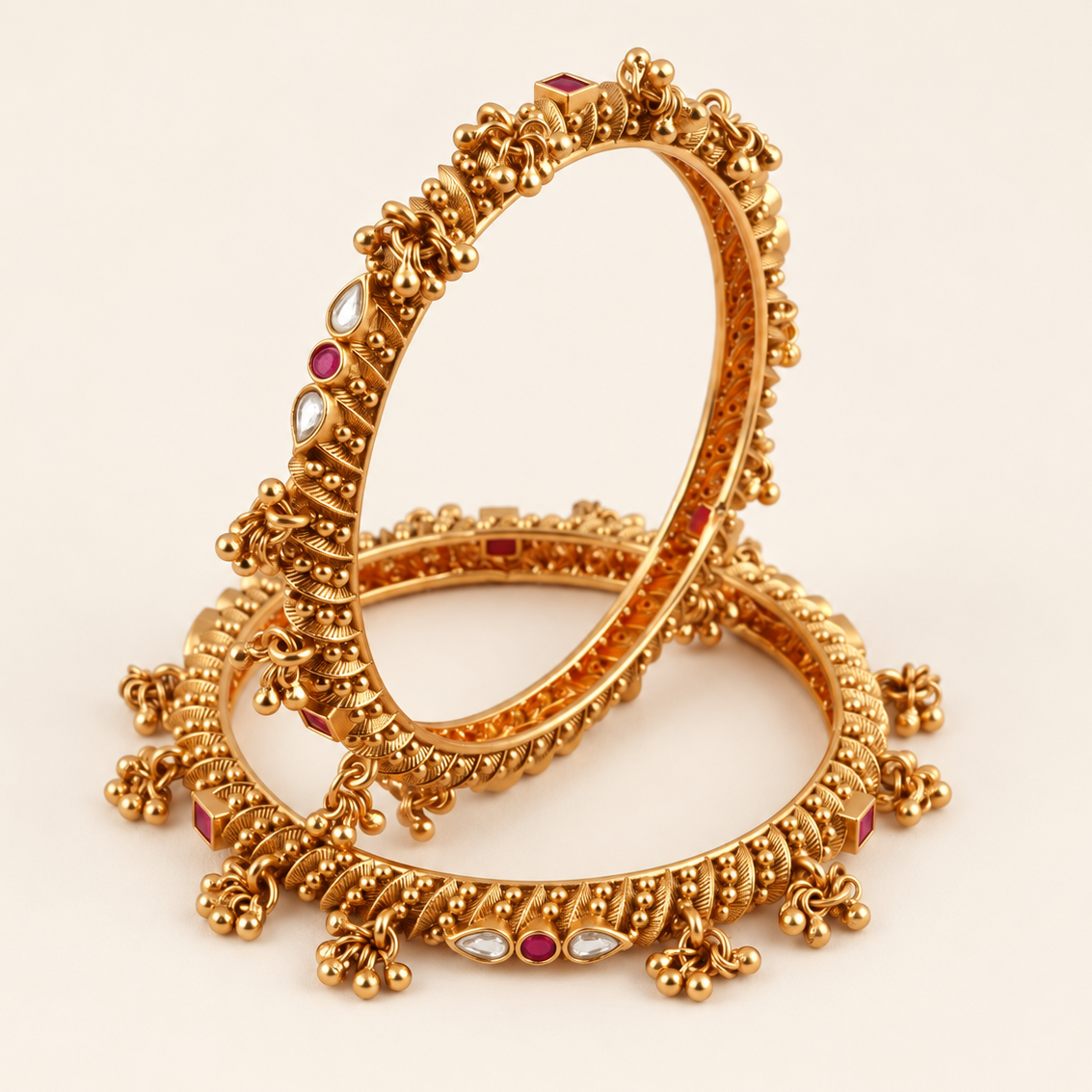 Gold Plated Stone Kundan Ghungroo Bangle Set