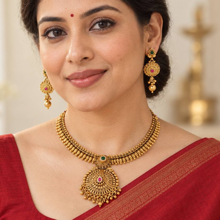 Gold Plated Stone Necklace Set With Earring