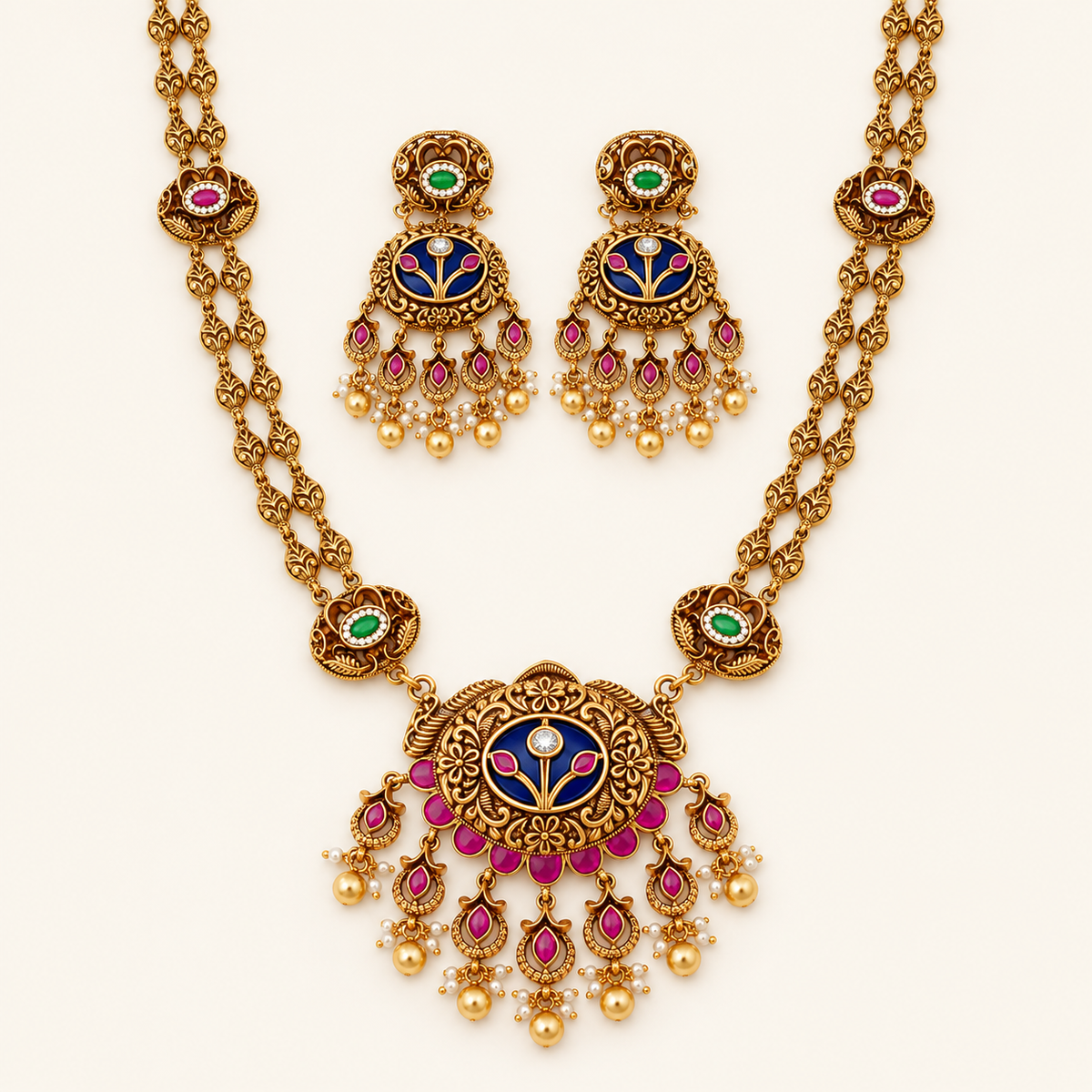Gold Plated Long Meenakari Stone Necklace Set