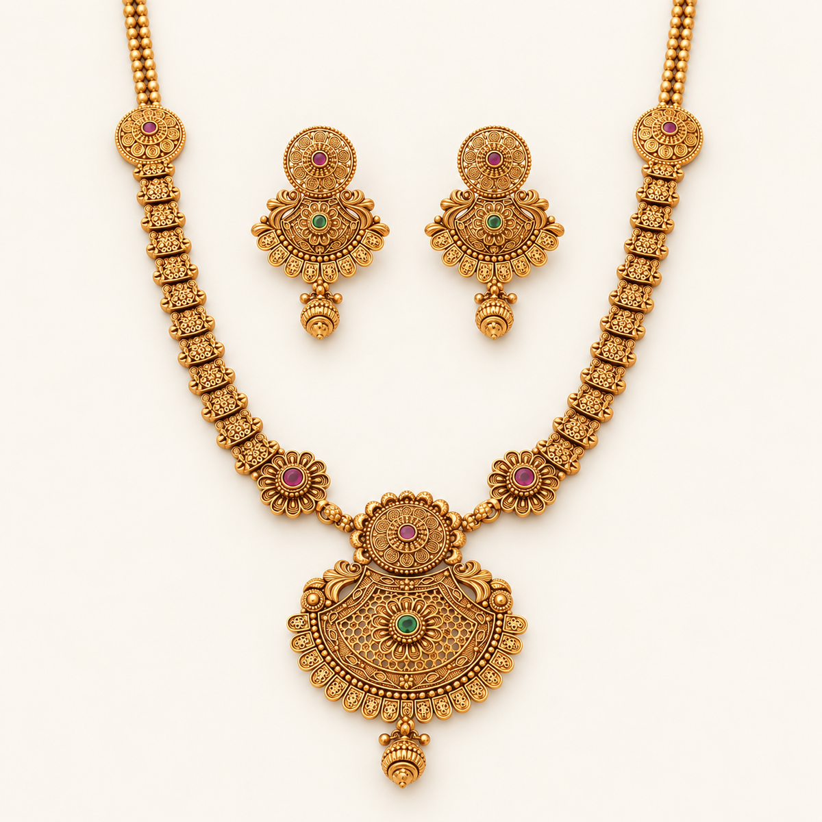 Antique Gold Long Stone Necklace Set With Earring