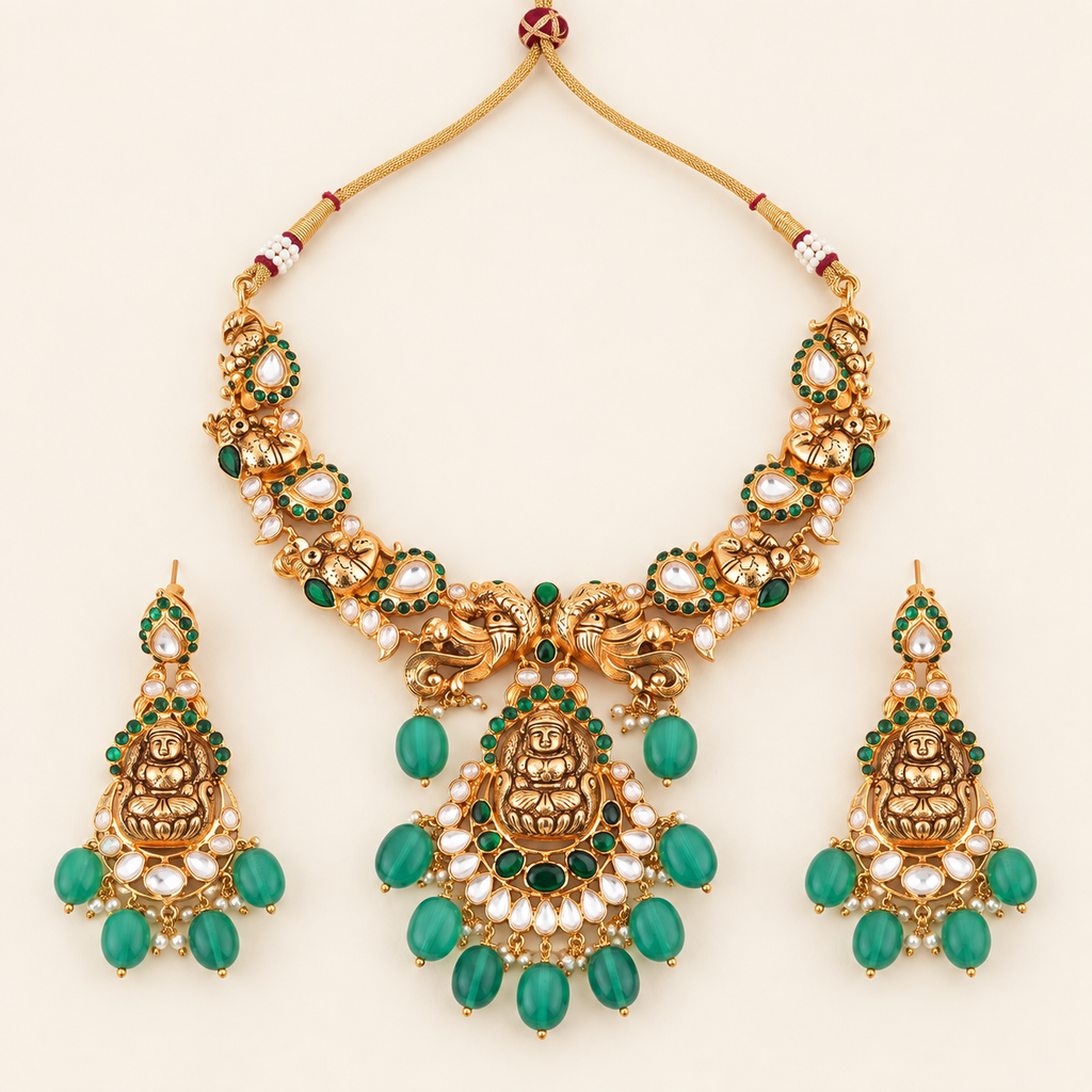 Stunning gold plated green stone kundan Maa Lakshmi necklace set