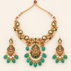 Stunning gold plated green stone kundan Maa Lakshmi necklace set