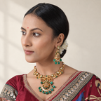 Stunning gold plated green stone kundan Maa Lakshmi necklace set