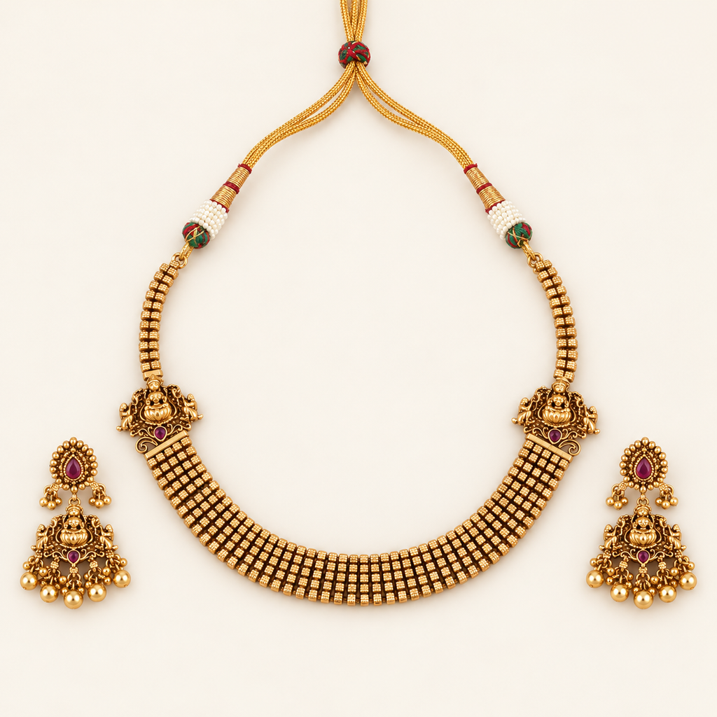 Stunning antique gold plated maa lakshmi necklace set with earring | Temple jewellery