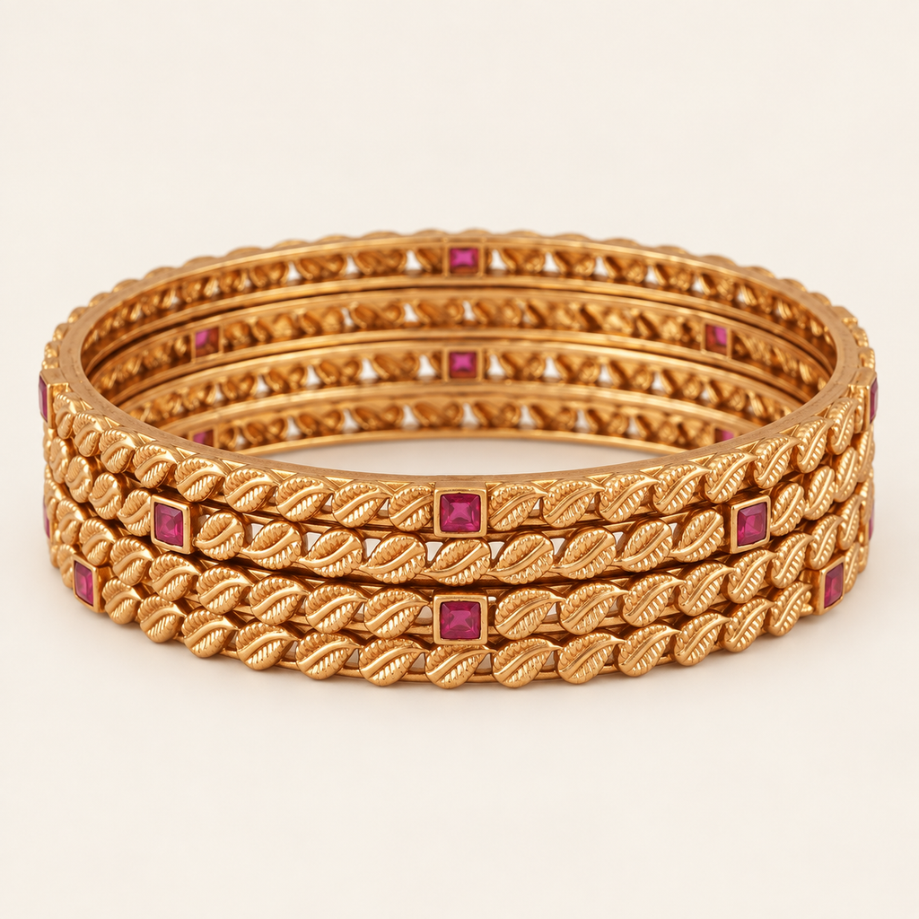 Antique Gold Ruby Stone Bangle Set