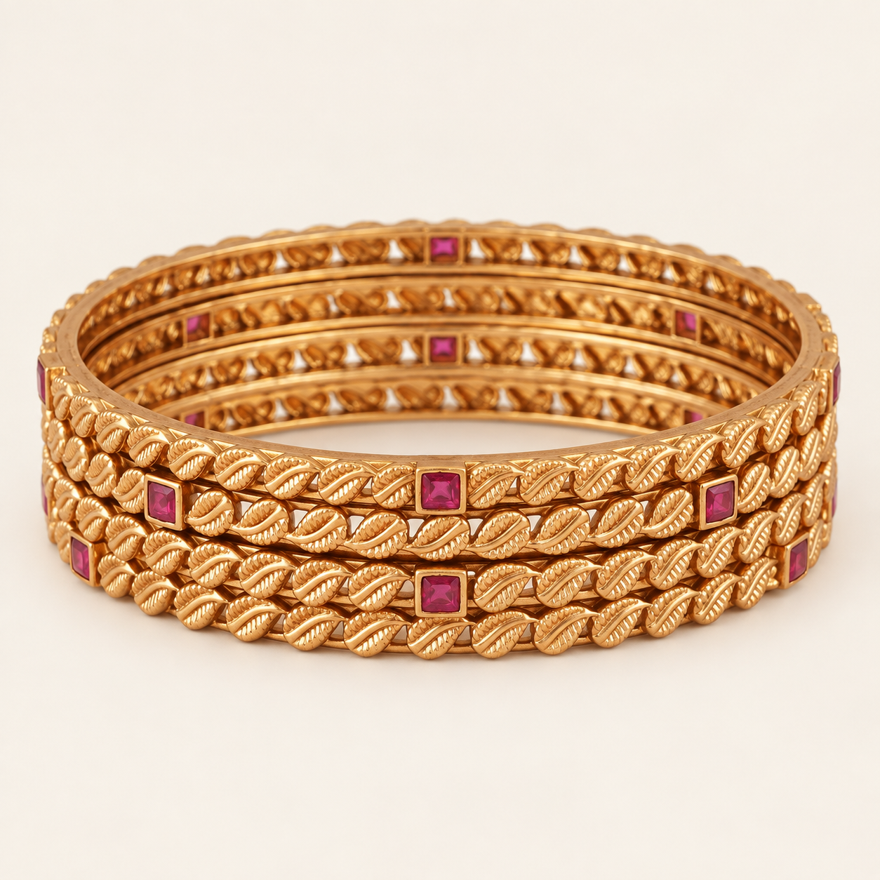 Antique Gold Ruby Stone Bangle Set