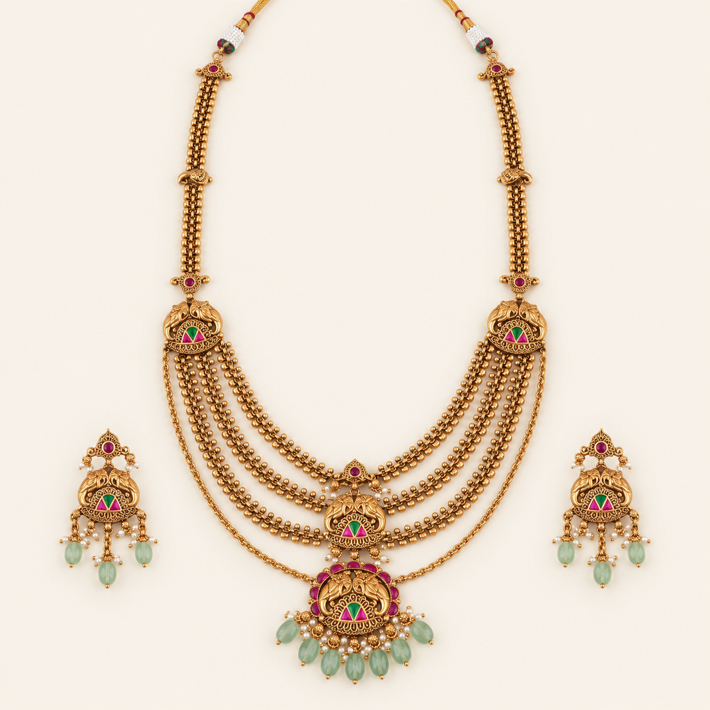 Beautiful long stone antique gold elephant layer neckalce set