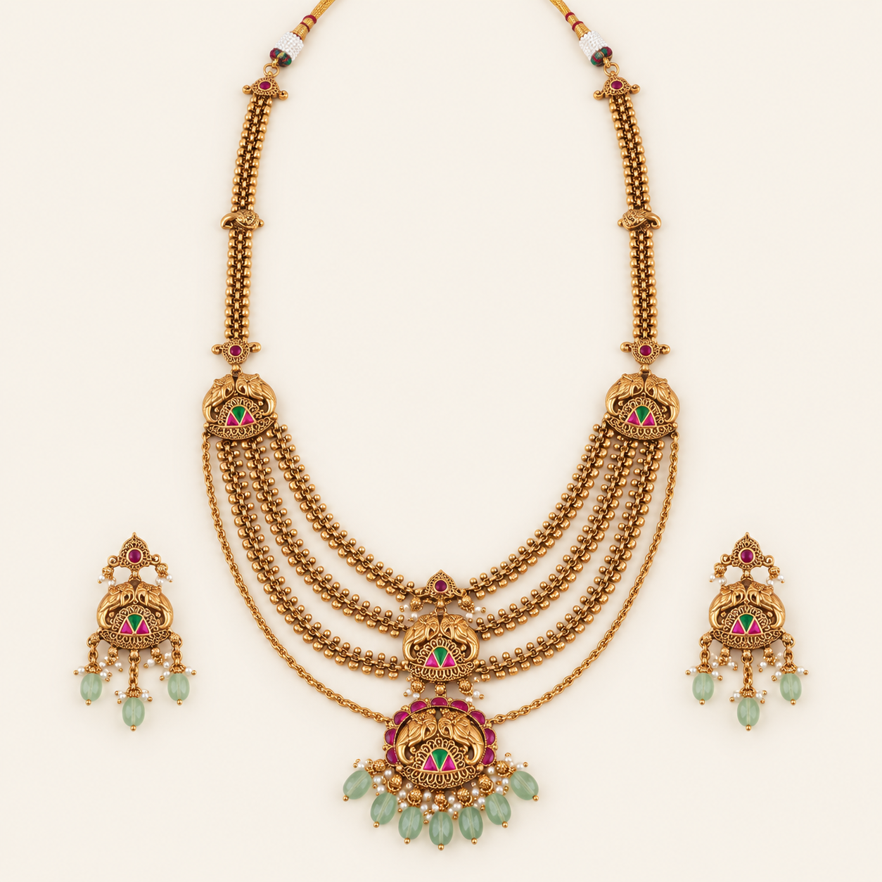 Beautiful long stone antique gold elephant layer neckalce set