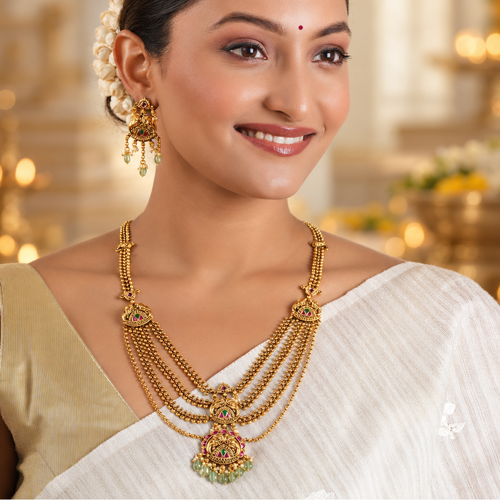 Beautiful long stone antique gold elephant layer neckalce set