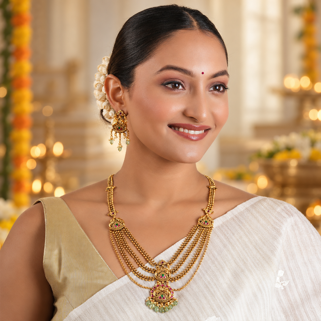 Beautiful long stone antique gold elephant layer neckalce set