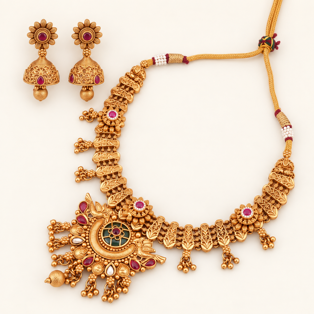 Antique Gold Heritage Peacock Necklace Set