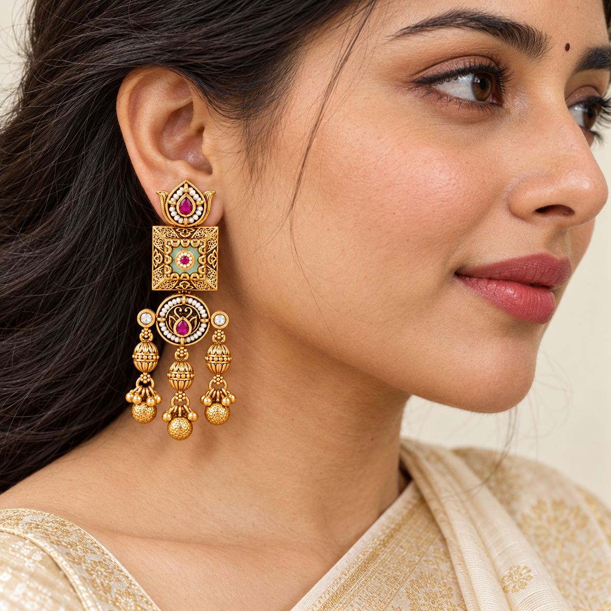 Beautiful gold Mint Green Lotus Gold Drop Earrings